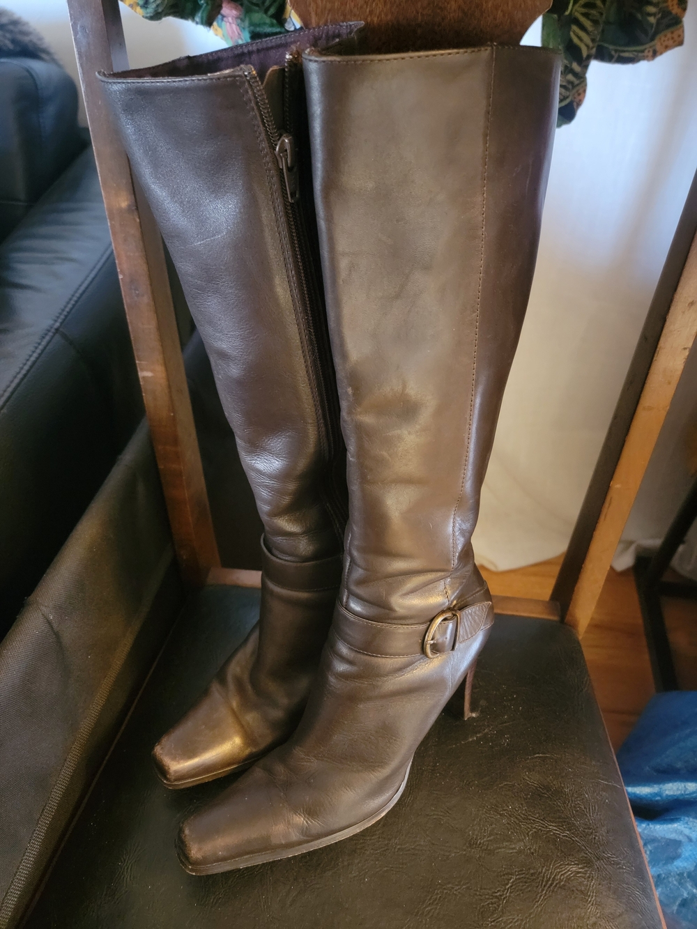 Charles David Dark Brown Leather Knee-High Heeled Boots